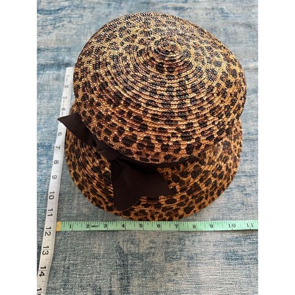 Eric Javits Tan and Brown Leopard Animal Print Straw Hat With Ribbon Bow - Picture 5 of 9